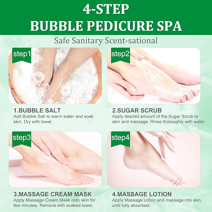 nbc BeautiLab Pedicure Kit Foot Soak Set: Bubble Salt, Sugar Scrub, Massage Mask, Massage Lotion in a Box, 4 Step Foot Spa Kit for Dry Feet, Calluses and Tired Feet (1 Set Green Tea)