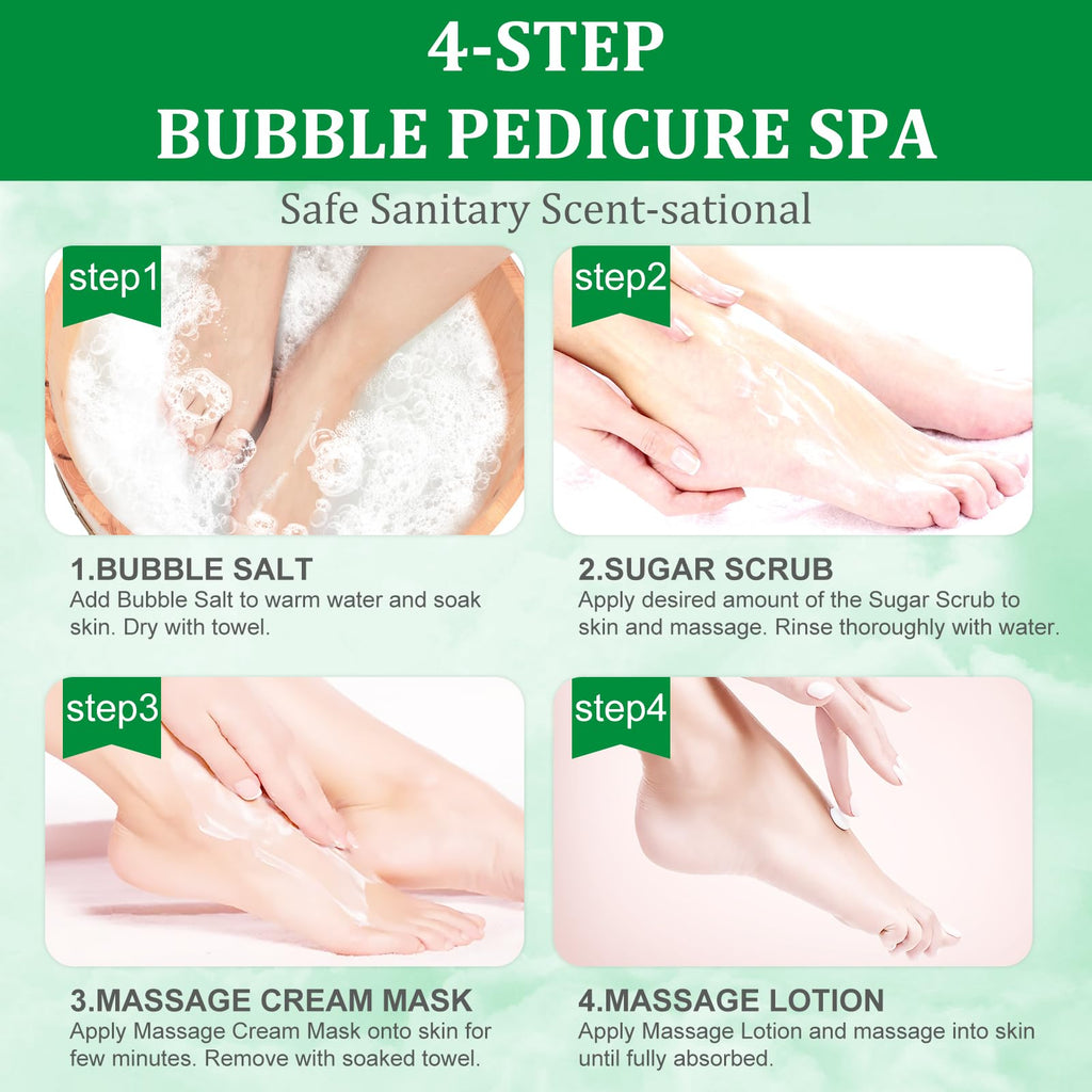 nbc BeautiLab Pedicure Kit Foot Soak Set: Bubble Salt, Sugar Scrub, Massage Mask, Massage Lotion in a Box, 4 Step Foot Spa Kit for Dry Feet,Tired Feet（3 Set Green tea)