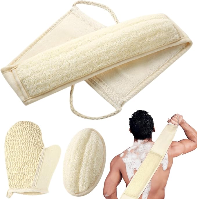 BETLYS Natural Loofah Sponge Exfoliating Body Scrubber, Loofa Back Scrubber for Shower Set for Men and Women (3 Pack), Luffa Sponge Pads & Exfoliating Glove Deep Clean & Invigorate Your Skin, Yellow