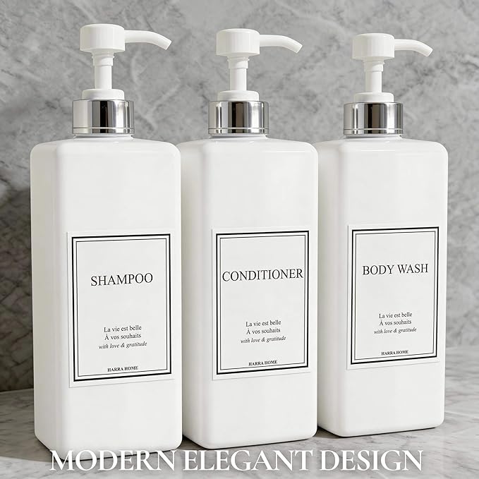 HARRA HOME Modern Gold Design Pump Bottle Set 27 oz Refillable Shampoo and Conditioner Dispenser Empty Shower Plastic Bottles with Pump for Bathroom Lotion Body wash, Pack of 3 (White & Silver)