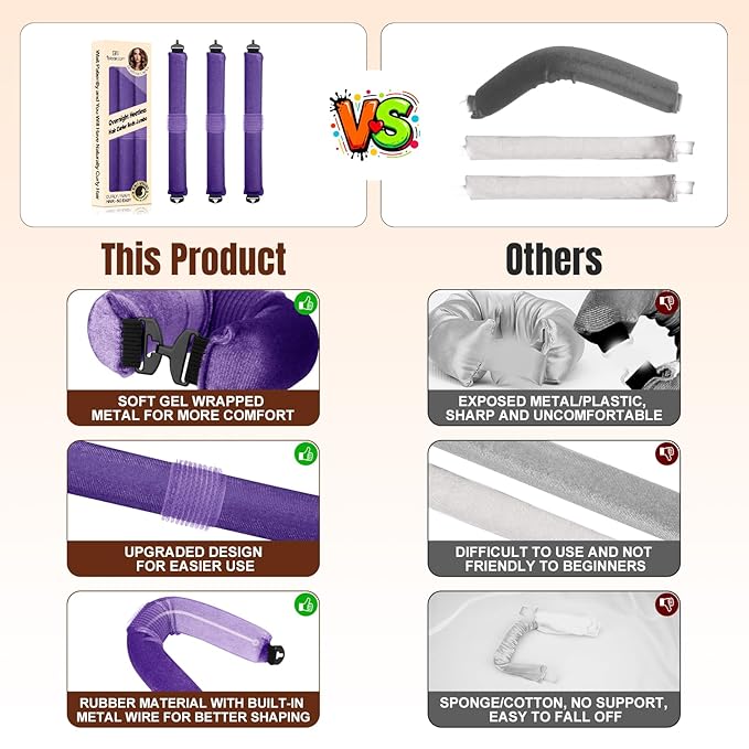 BLAAROOM Overnight Heatless Hair Curler, Upgraded with Hair Pad Grippers Satin Jumbo Flexi Blowout Curls Rods, 3pcs No-Heat Styling Tools Curling Rod to Sleep in for All Hair Types - Purple