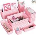 25 PCS Plastic Drawer Organizers Set, 4-Sizes Vanity and Makeup Organizer, Desk and bathroom Drawer Organizer Trays, Organizers and Storage for Makeup, Jewelry, Gadgets, Utensils (Pink)