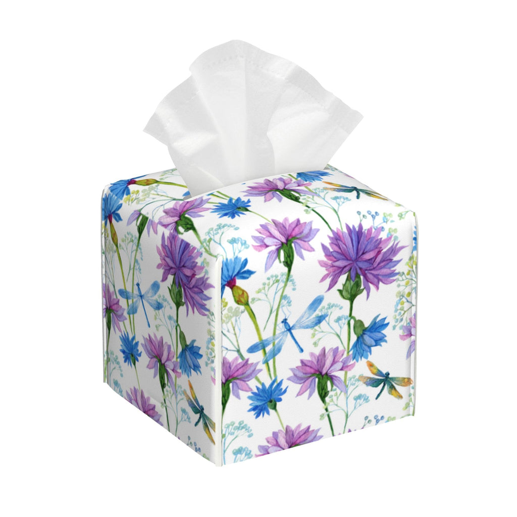 Watercolor Flowers and Dragonflies Tissue Box Cover Square,Purple Blue Floral Tissue Box Holder Waterproof Leather Facial Paper Organizer Dispenser for Bathroom Home Car Nightstand Vanity Desk