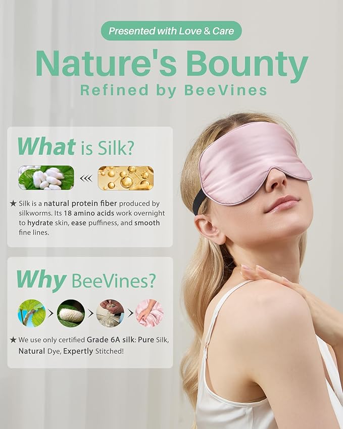 BeeVines 100% Real Mulberry Silk 2 Pack Sleep Mask, Natural Pure Silk Eye Masks with Adjustable Strap for Sleeping, Block Light Eye Sleep Shade Cover, Reduces Puffy Eyes Traveling Gifts