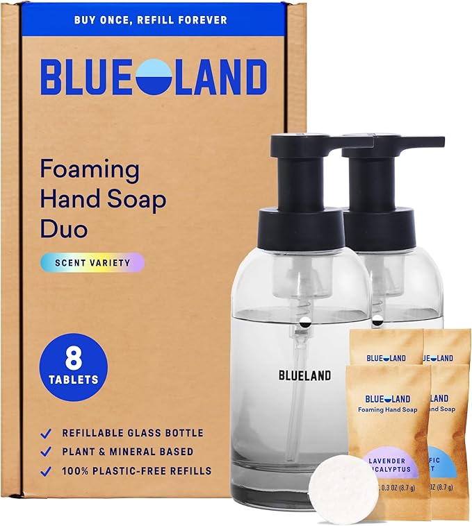 BLUELAND Hand Soap Duo, 2 Refillable Glass Foaming Hand Soap Dispensers with 8 Refill Tablets, Variety Scents, 8 x 9 Fl oz