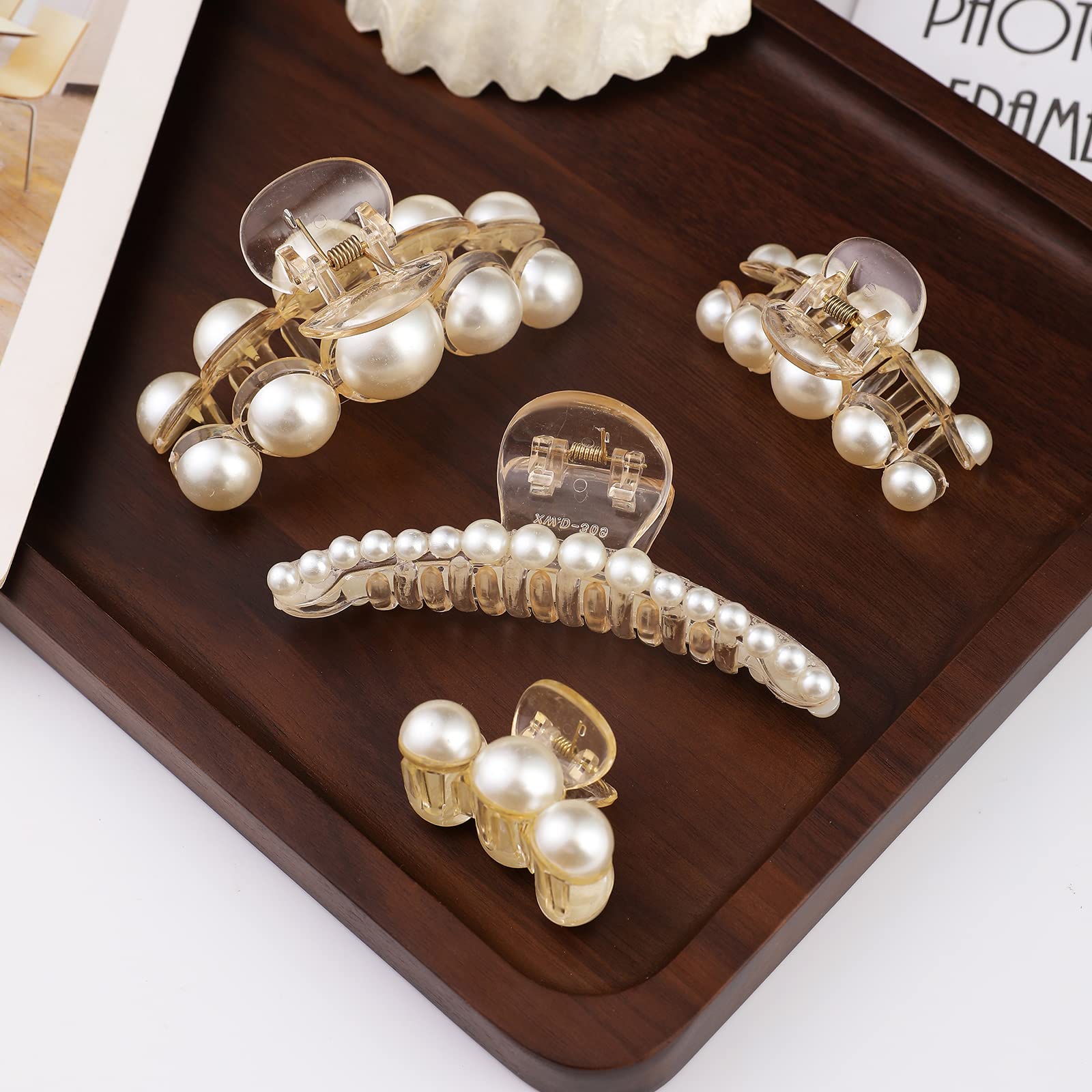 Mehayi 4 PCS Large Pearl Hair Claw Clips for Women and Girls, Non-Slip Hair Barrettes for Thick and Thin Hair, Elegant Hair Accessories for Weddings, Parties, and Daily Styling