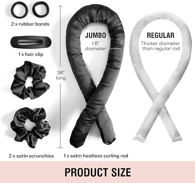 BLINKEEN Jumbo Heatless Hair Curler Set-Satin Heatless Curls Overnight, Jumbo Curling Rod Headband, No Heat Curlers To Sleep in (Black)