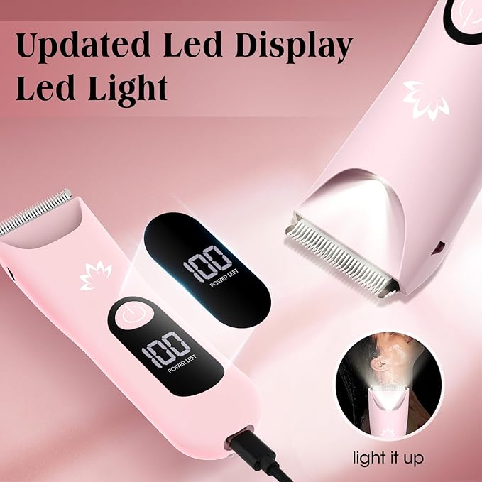 Bikini Trimmer for Women,Cordless Pubic Hair Trimmer,IPX7 Waterproof & LED Display Ladies Electric Razors Body Hair Trimmers for Underarm Leg Arm,Gifts Pink