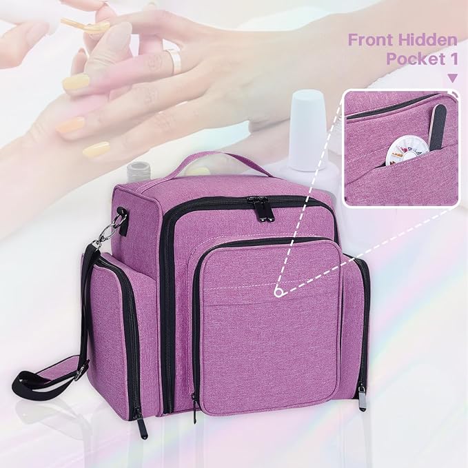 YAHOURWAT Nail Polish Organizer Holds 60 Bottles and a Nail Lamp,Portable Travel Case with 2 Removable Bags and Tools Storage Pockets Purple