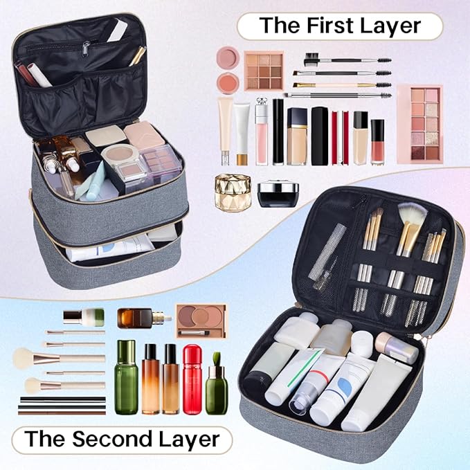 TANPADUAJI Double Layer Makeup Bag Portable Large Cosmetic Case Organizer with Adjustable Dividers Storage Travel Bag for Accessories Brushes Conditioner and Skin Care Products (Gray Gold)