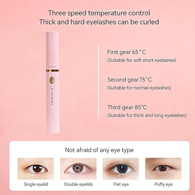 3 Interchangeable Brush Heads Rechargeable Heated Eyelash Curler 24-Hour Lasting curl 5-Second Rapid Heating 3 Temperature Settings Safety Anti-Scald Design (Pink)
