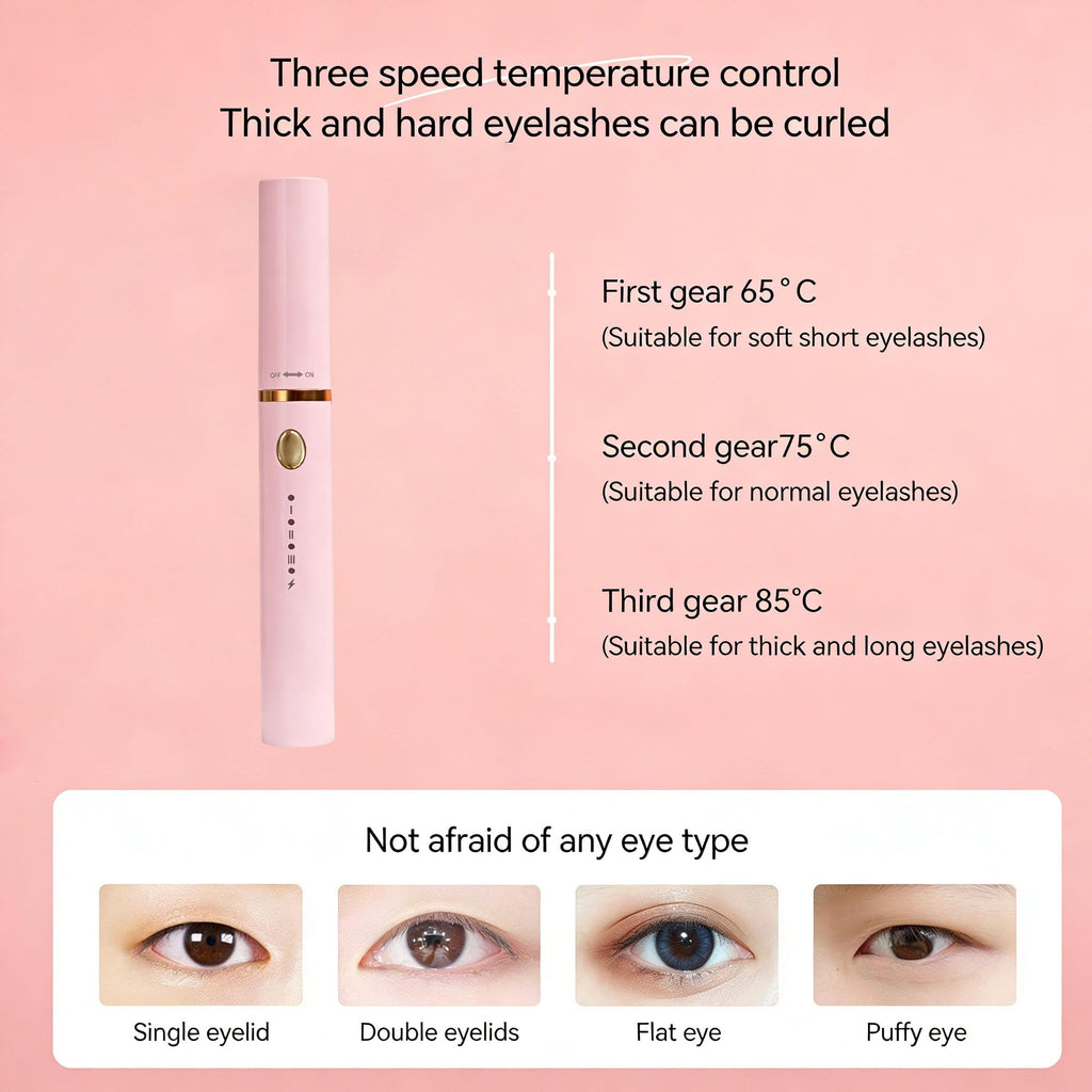 3 Interchangeable Brush Heads Rechargeable Heated Eyelash Curler 24-Hour Lasting curl 5-Second Rapid Heating 3 Temperature Settings Safety Anti-Scald Design (Pink)