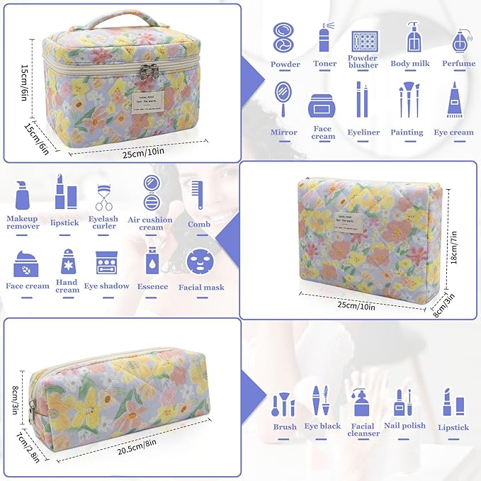 Gosect 3pc Makeup Bag Set, Quilted Makeup Bag Set, Large Floral Cosmetic Bag for Women, Cute Cotton Makeup Bags, Flower Travel Toiletry Organizer Bag (Large Flower)