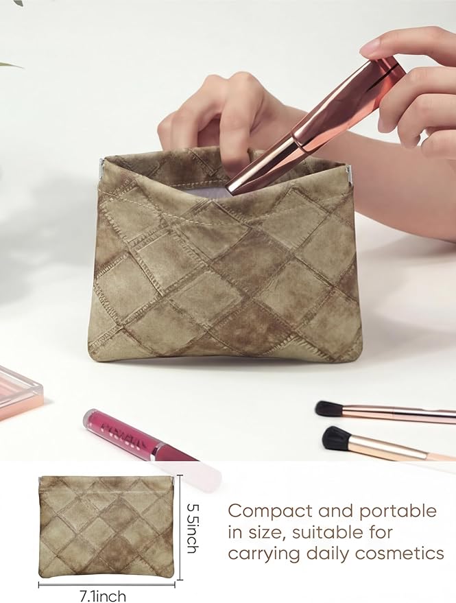 Ksriylm Denim Brown PU Leather Makeup Pouch Set for Women Small Checkered Make Up Bag for Purse Waterproof Initial Makeup Cosmetic Bags Pouches for Purse Aesthetic Travel Toiletry Bag,