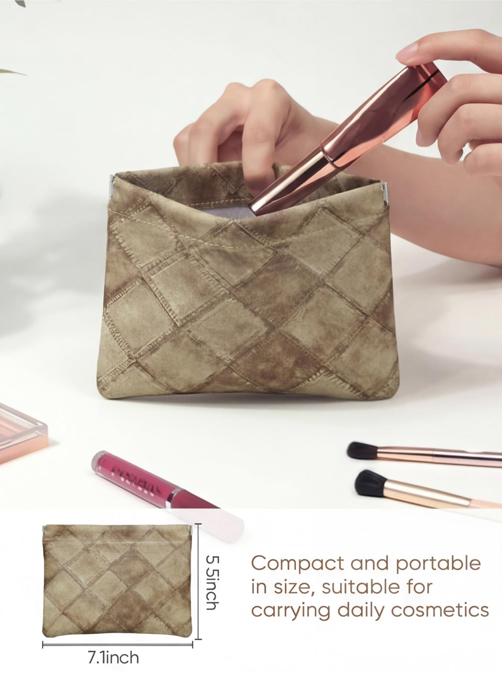 Ksriylm Denim Brown PU Leather Makeup Pouch Set for Women Small Checkered Make Up Bag for Purse Waterproof Initial Makeup Cosmetic Bags Pouches for Purse Aesthetic Travel Toiletry Bag,