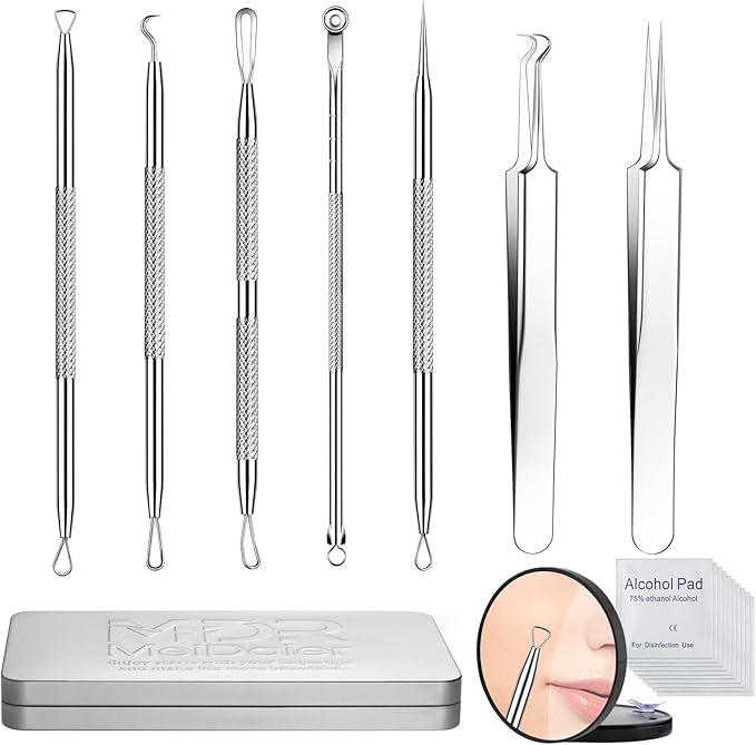 Meidaier 7Pcs Blackhead Remover Kit, Stainless Steel Acne Comedone Extractor with 10X Magnifying Glass & 20 75% Alcohol Pads, Pimple Whitehead Blemish Removal, Anti-Slip Handle & Storage Box