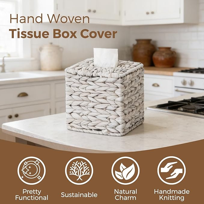 Tissue Box Cover, Square Wicker Tissue Box Holder Facial Tissues Boxes, Hand Woven Napkin Box Tissue Holder for Bathroom Bedroom Office Table Desk Night Stand, Boho Decorative, White