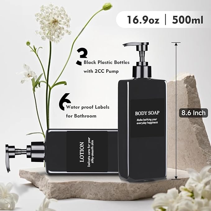 Refillable Shampoo and Conditioner Dispenser Plastic Shampoo Pump Bottles Set for Bathroom with Waterproof Labels