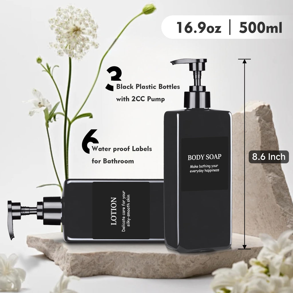 Refillable Shampoo and Conditioner Dispenser Plastic Shampoo Pump Bottles Set for Bathroom with Waterproof Labels