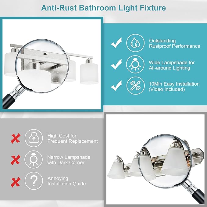 Dekang Bathroom Lights Over Mirror Brushed Nickel, Anti-Rust 4-Light Bathroom Vanity Light Fixtures, Modern 24Inches Wall Sconces E26 Base, Milky White Glass Shades, Bulbs Not Included