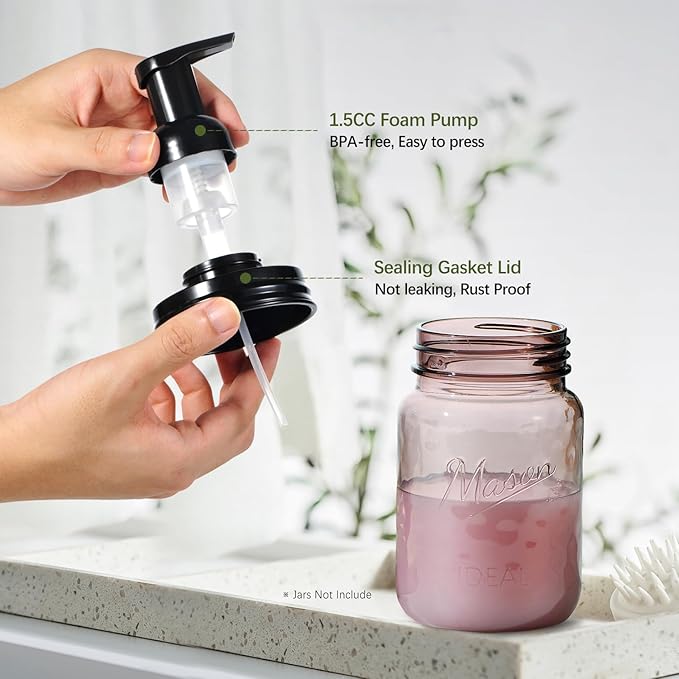 Amolliar Mason Jar Foaming Soap Dispenser Lids, Plastic Foam Pump Lids for Regular Mouth, Foaming Replacement Pump Set, Farmhouse Kitchen BathroomShower, Includes Waterproof Stickers - 4 Pack, Black