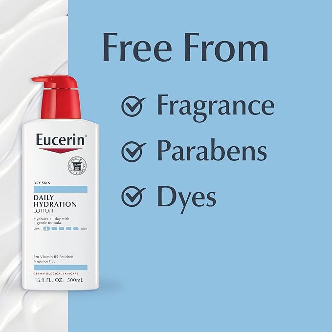 Eucerin Daily Hydration Body Lotion for Dry Skin, Unscented Body Moisturizer with Sunflower Oil and Pro-Vitamin B5, 16.9 Fl Oz Bottle, Pack of 3