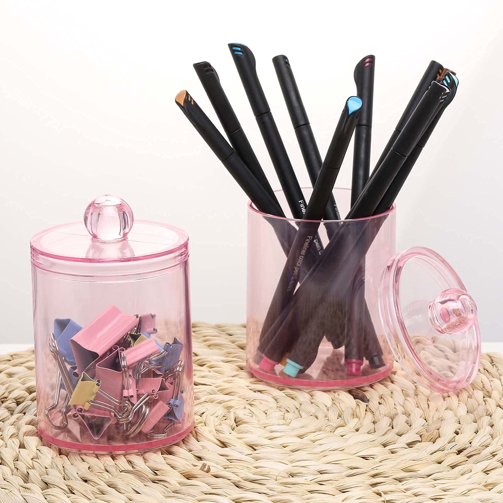 Tbestmax 2 Pack Qtip Holder Bathroom Jars Canisters for Cotton Ball Swab Pad Storage Dispenzer, Pink 10-Ounce
