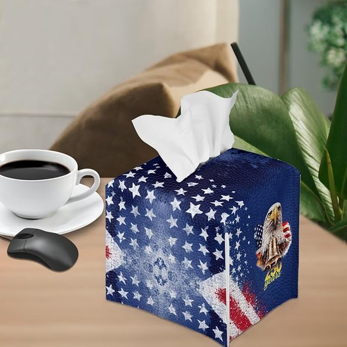 American 250 Years Tissue Box Holder Waterproof PU Leather Square Tissue Box Cover Holder with Metal Button Paper Dispensor Case for Home Office Car Automotive Decor