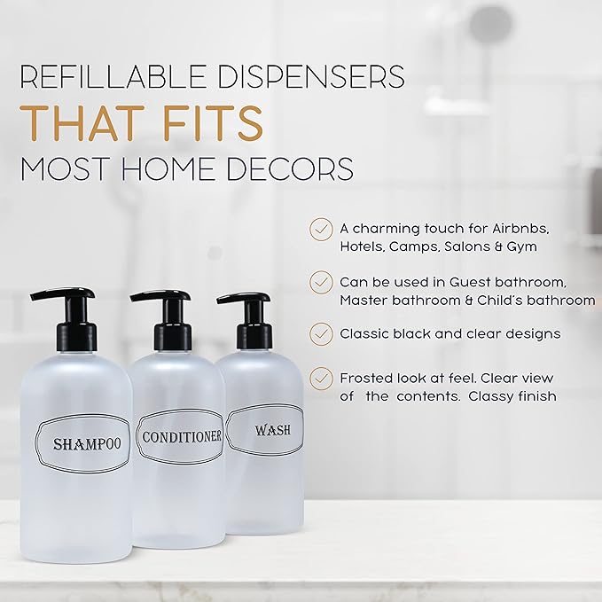 16 oz Shampoo, Conditioner, Wash Refillable Empty Plastic Pump Bottle Dispenser Set (Frosted Clear)