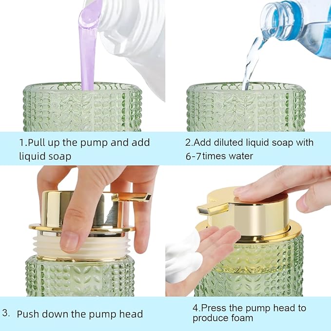 Fvstar Foaming Soap Dispenser, 10 Oz Glass Foam Hand Soap Dispenser with Gold Pump, Refillable Bathroom Lotion Container Pump Bottle with Vintage Pattern, Green