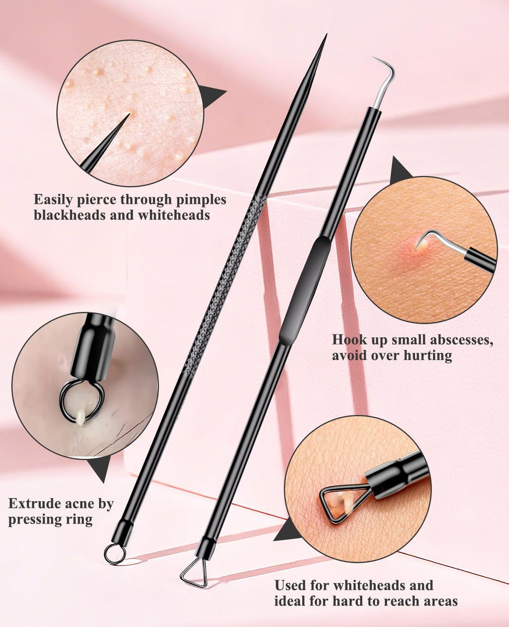 5PCS Blackhead Remover Pimple Popper Tool Kit, Professional Stainless Pimple Acne Blemish Removal Tools Kit for Face (Black)