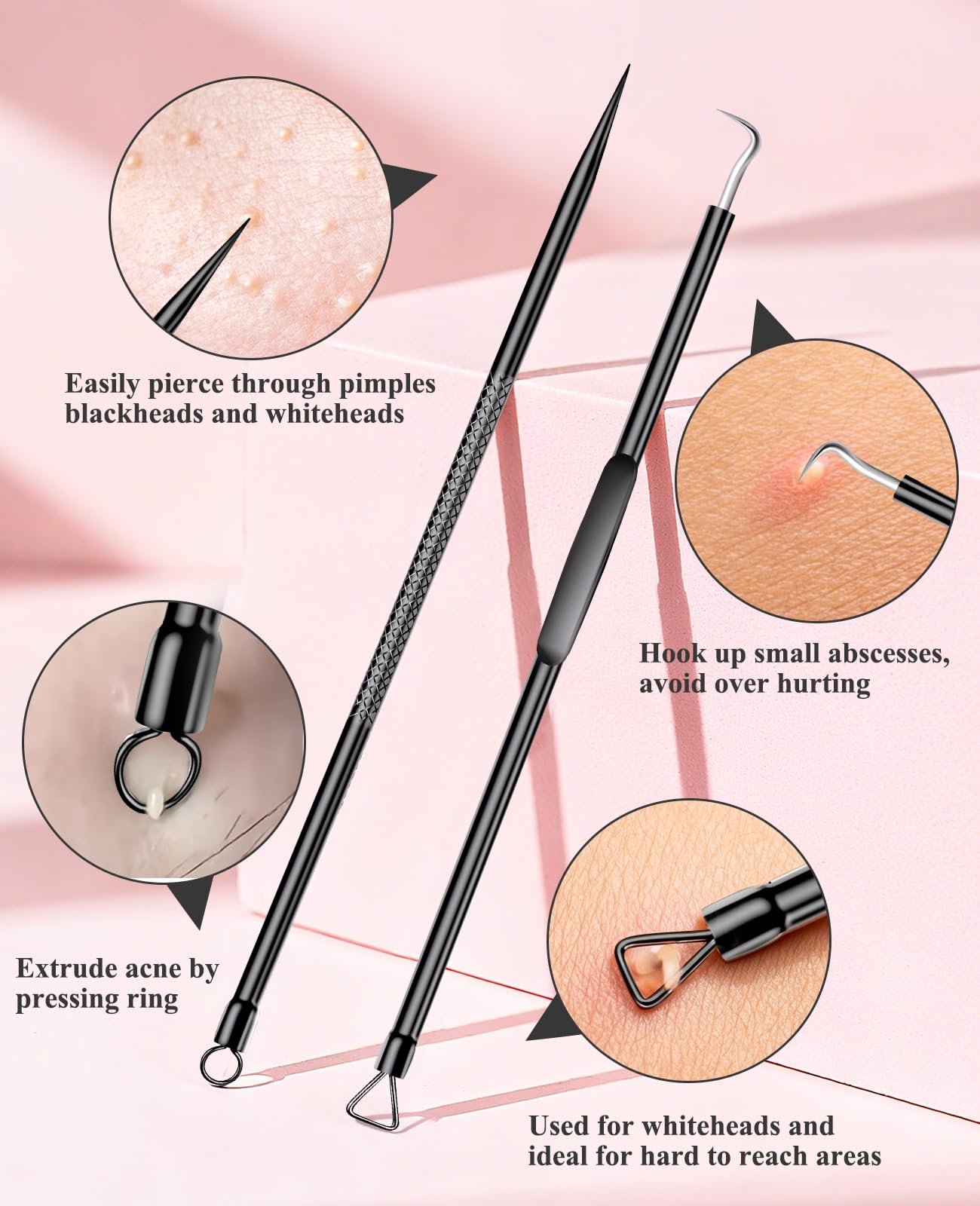 5PCS Blackhead Remover Pimple Popper Tool Kit, Professional Stainless Pimple Acne Blemish Removal Tools Kit for Face (Black)