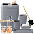 Grey Bathroom Accessories Set with Trash Can 9 Piece Grey Bathroom Decor Toothbrush Holder,Toothbrush Cup,Lotion Soap Dispenser,Vanity Tray,Soap Dish,Toilet Brush,Qtip Holder