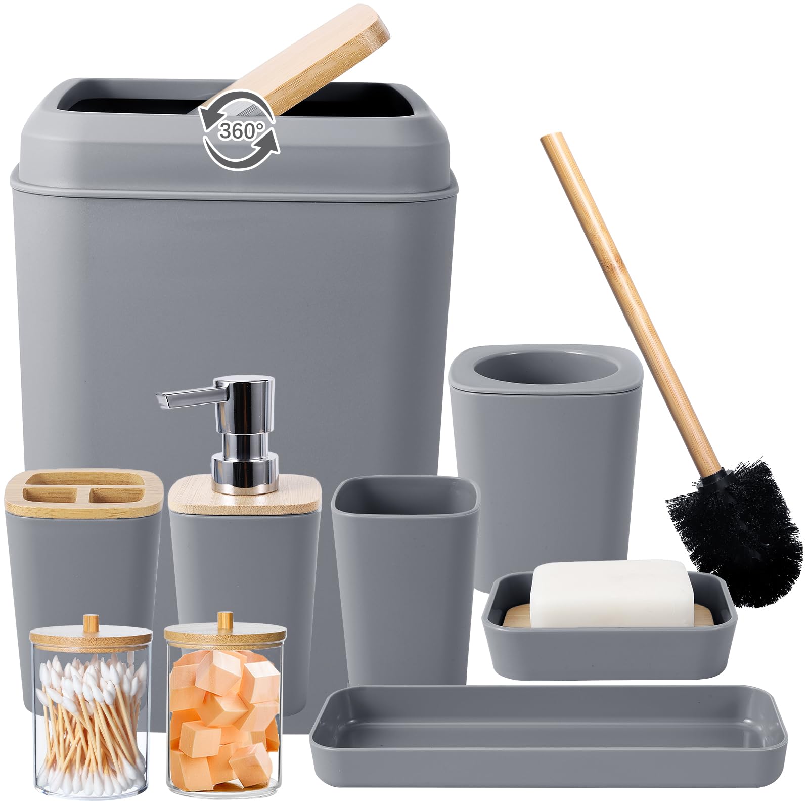 Grey Bathroom Accessories Set with Trash Can 9 Piece Grey Bathroom Decor Toothbrush Holder,Toothbrush Cup,Lotion Soap Dispenser,Vanity Tray,Soap Dish,Toilet Brush,Qtip Holder