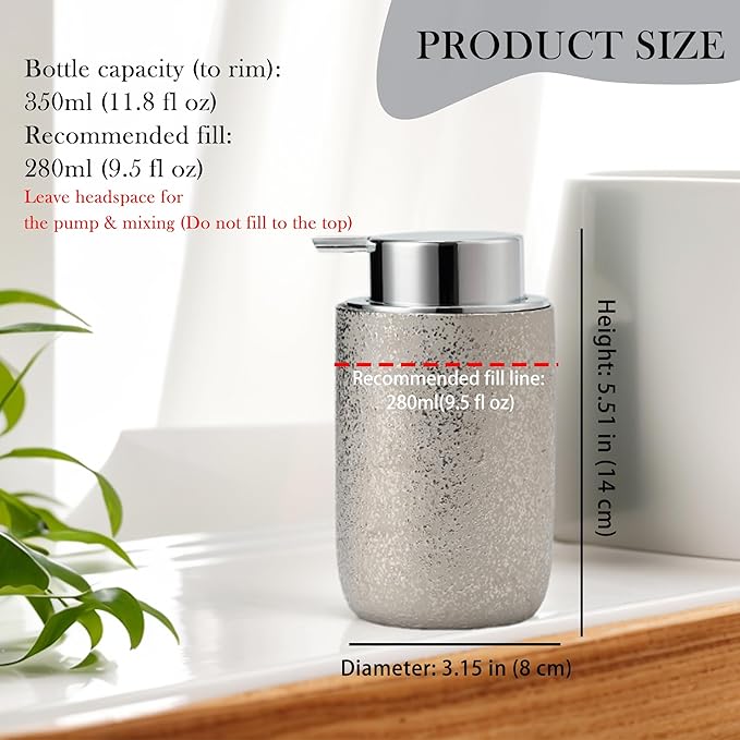 GIRLUFO Speckled Silver Ceramic Foaming Soap Dispenser, 12 oz Refillable Foam Soap Pump Bottle for Bathroom Vanity, Kitchen Sink and Countertop