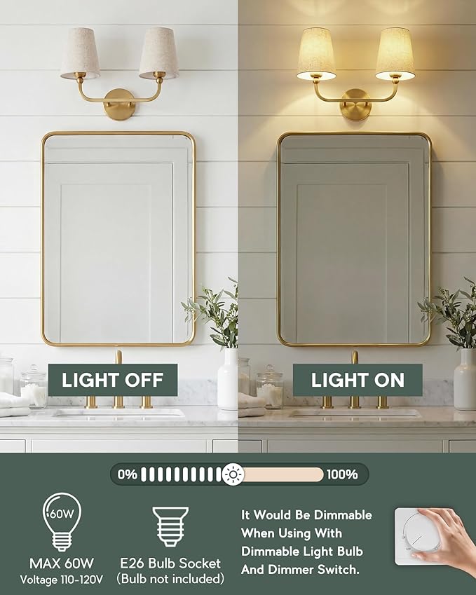 2-Light Bathroom Light Fixtures, Brushed Gold Vanity Lights, Double Wall Sconce with Brown Fabric Shade, Modern Sconces Wall Lighting for Hallway Bedroom Stairway, VL837-BG-L-2
