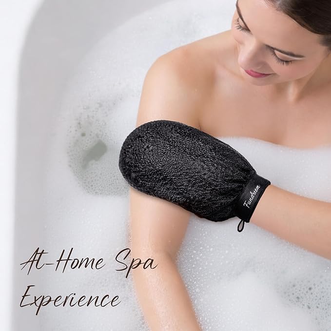 Exfoliating Gloves 2 Pcs, Korean Exfoliating Mitt, Body Scrub for Dead Skin Remover, Exfoliating Body Scrubber for Bath Shower, Body Exfoliator Scrubber, Moroccan Exfoliate Glove, Women Men (Black)
