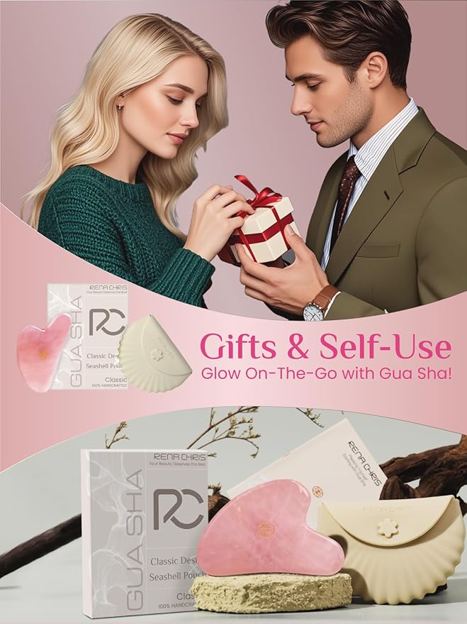 Rena Chris Gua Sha Facial Tools, Rose Quartz Guasha Tool for Acupuncture, Manual Massage Tool for Jawline Sculpting and Puffiness Reducing, Gua Sha Facial Massage Tool with Silicone Case (Rose Pink)