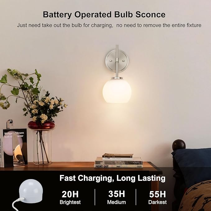 Brushed Nickel Battery Operated Wall Sconce Set of 2, Wireless Rechargeable Sconces Wall Lighting with Remote Control, LED Wall Lights with Opal White Glass Shade, 12 Colors RGB & 3 CCT Bulb
