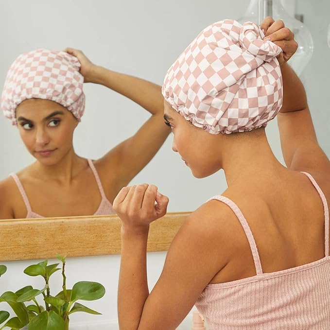 Kitsch Luxury Satin-Lined Flexi Shower Cap for Women - Terracotta Checker