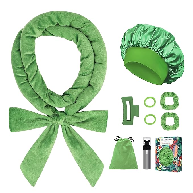 Gwabee Heatless Curls Overnight Hair Curlers to Sleep In, 9 PCS Velvet Heatless Hair Curler Overnight Curls for Women Long Medium Hair Volumes, Heatless Curling Waves Set with Sleep Bonnet - Green