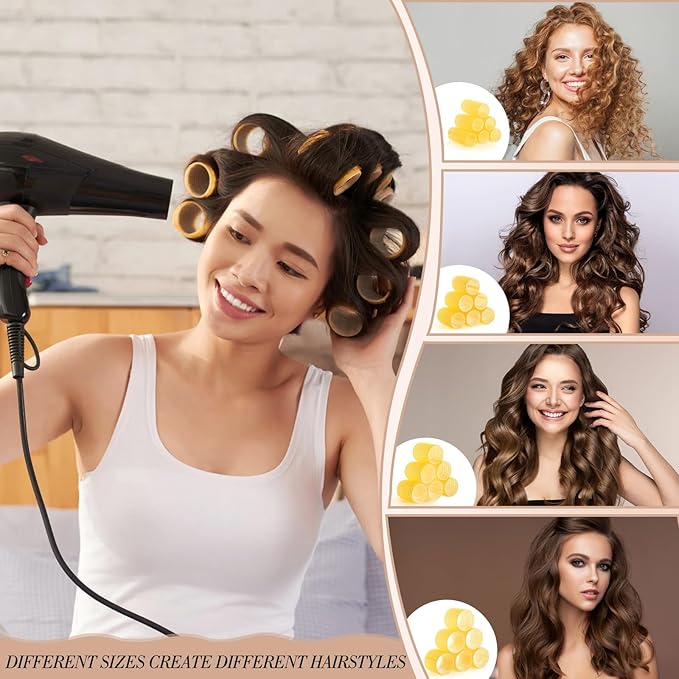 obeoby 4 Sizes Hair Rollers Curlers Set with Clips for Women Girls, Yellow