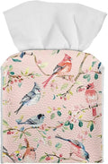 Bird Flowers Tissue Box Holder, PU Leather Square Napkin Cover with Metal Button, Waterproof Tissue Organizer for Nightstand, Dining Table, Office Desk, and Car Interior