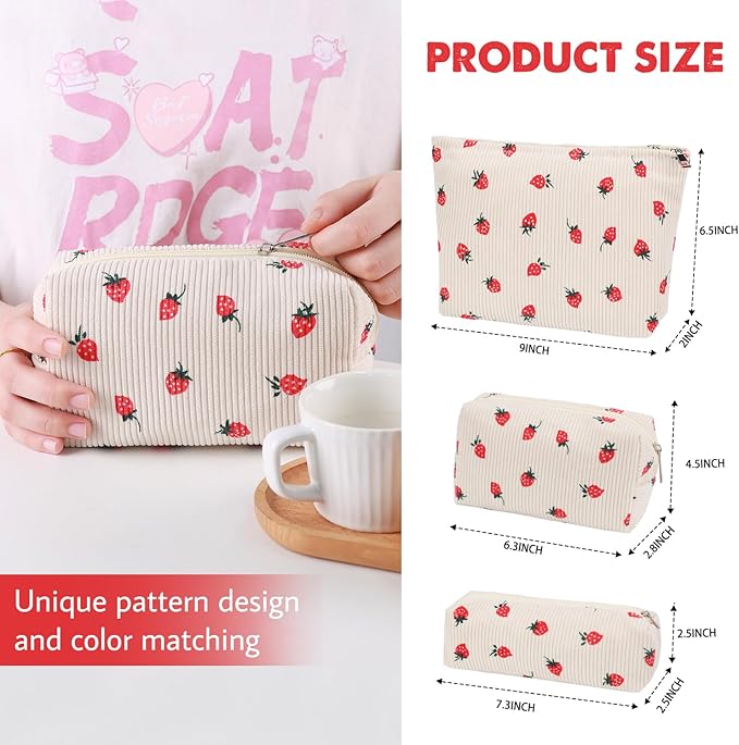 Gocvo 3 Pcs Makeup Bag Cosmetic Bag Set for Girls Women Travel Organizer Bathroom Toiletry Pouch Large Capacity Storage Bag (Strawberry Beige)