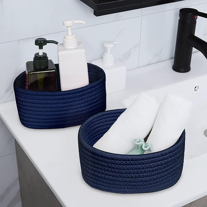 ABenkle 【2 Pack】 Small Woven Baskets, Tiny Oval Shallow Storage Baskets, Mini Cotton Rope Empty Decorative Basket, Boho Little Organizer Bins for Bathroom, Cat Dog Toy Gifts Basket