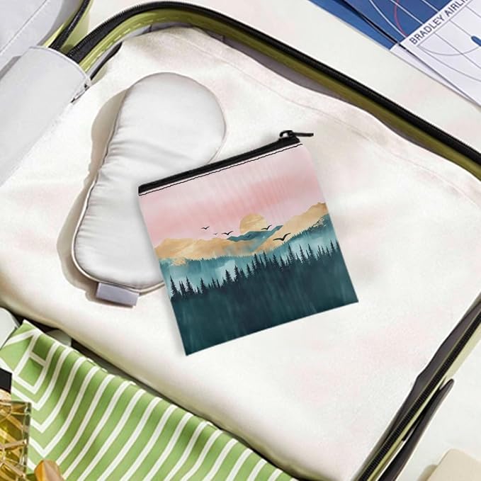 Women Period Bags Waterproof Novelty Landscape Printed Pink Sanitary Napkin Storage Bag Organizer for Daily Use
