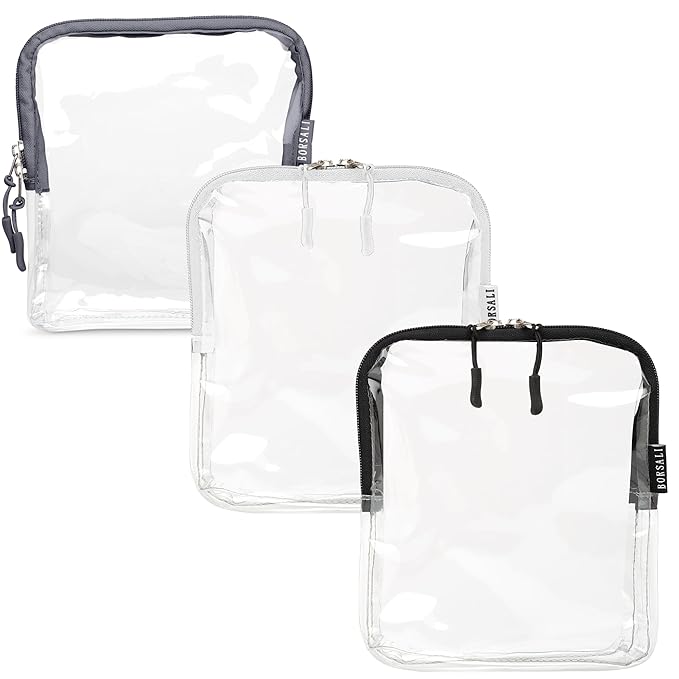 BORSALI Quart Size TSA Approved Clear Toiletry Bag, 3-1-1 Liquids, 3 Pack