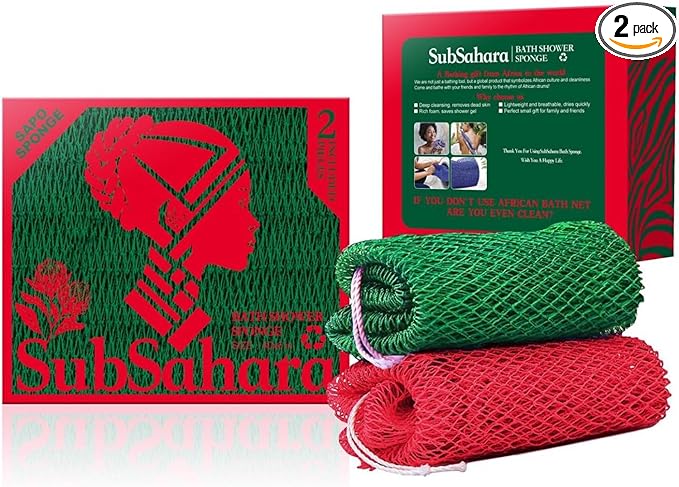 SubSahara Authentic African Net Sponge, 4 Pack 45-Inch Exfoliating Bath Sponge and Shower Loofah for Body and Back, Colorfast Quick-Dry Knotted Mesh Scrubber with Travel Pouch