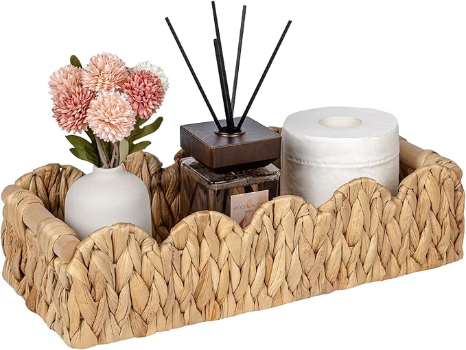 Wicker Bathroom Basket Tray Organizer w/Scalloped for Toilet Paper, Small Rattan Decorative Basket for Bathroom Decor, Farmhouse Home Decor, Living Room and More, Natural Water Hyacinth