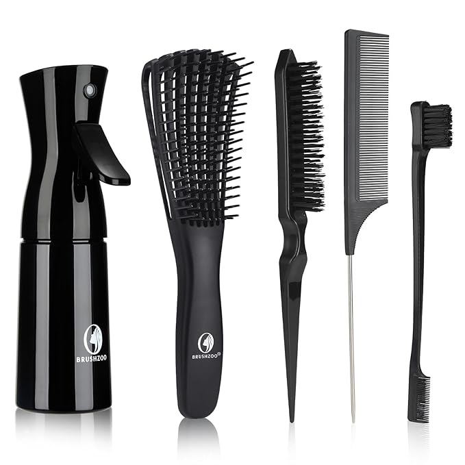 Hair Brush Set, Hair Brushes for Women Men kid Wet Dry All Hair Detangling Parting Styling, Brush Set with Detangler Brush, Edge Brush, Teasing brush, Rat Tail Comb (Black)